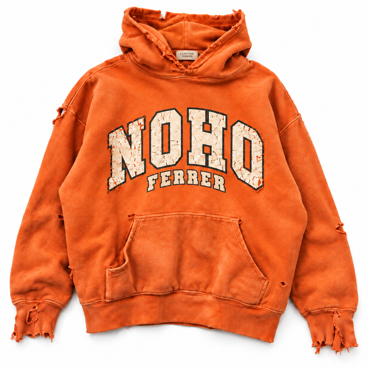 NOHO Ferrer Hoodie — Orange flat lay on white